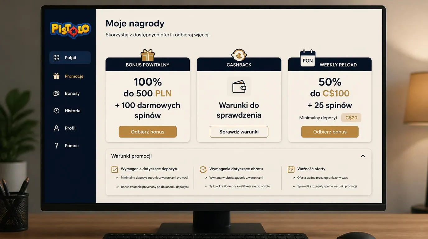 Panel bonusów kasynowych z ofertą powitalną, cashbackiem i poniedziałkową promocją doładowania