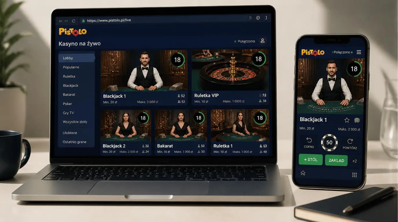 Lobby kasyna na żywo na laptopie i telefonie z widocznymi limitami stawek oraz podglądem krupiera