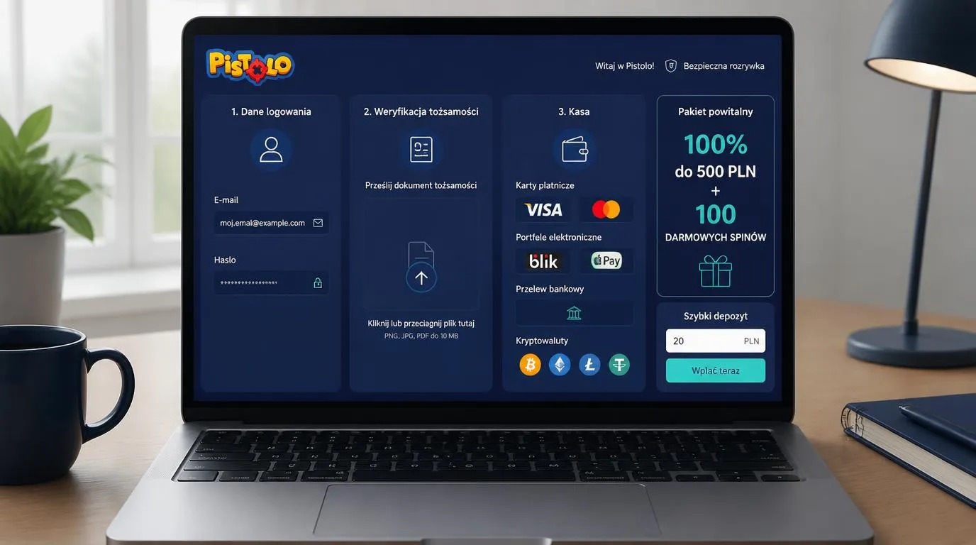 Panel rejestracji, weryfikacji tożsamości i wyboru płatności w kasie kasyna online