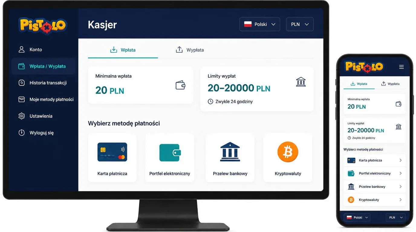 Panel kasy z depozytem 20 PLN, wypłatą do 20000 PLN oraz wyborem języka polskiego i waluty PLN
